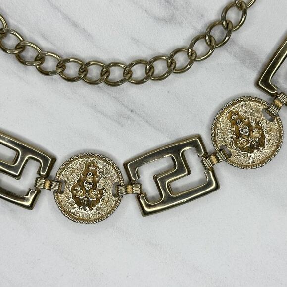 Vintage Gold Tone Greek Key Lion Head Medallion Chain Link Belt Small S Medium M main image 6